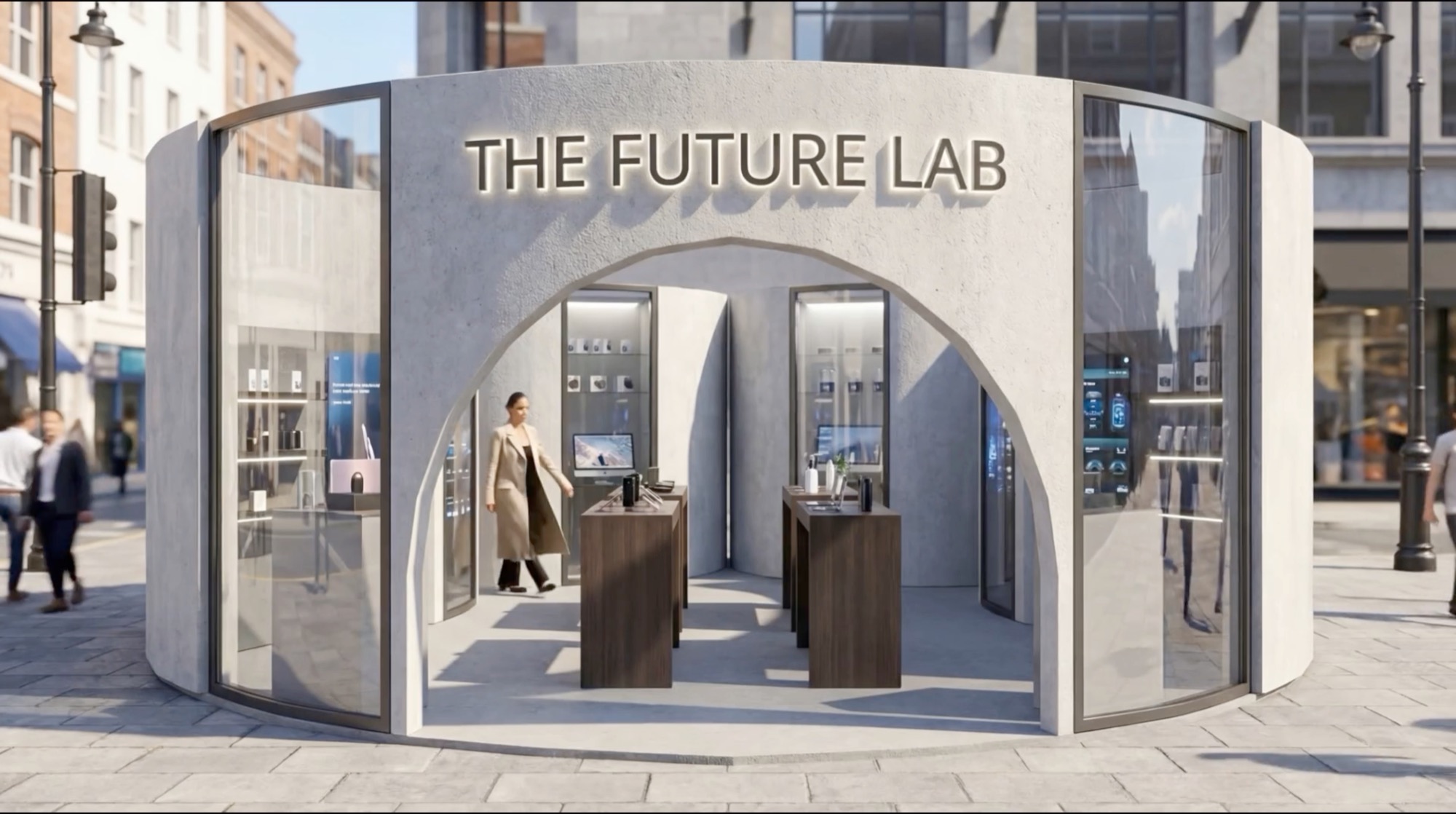 Film The Future Lab, le pavillon sur rue, plan généré par IA, 1920 × 1074, mars 2026